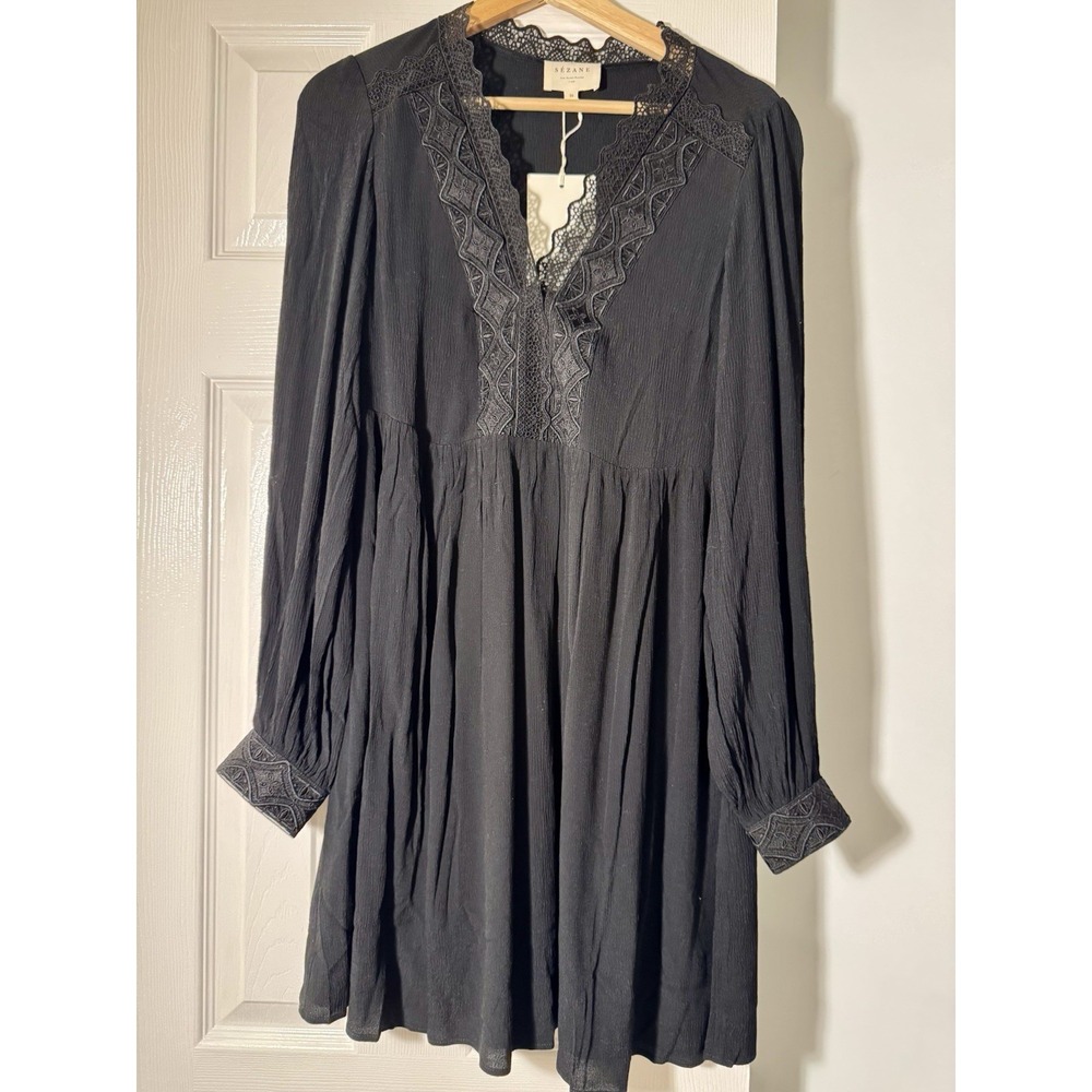 Sezane Charlize Mini Dress Sz 36/4 Black Long Sleeve Boho Date Night NWT